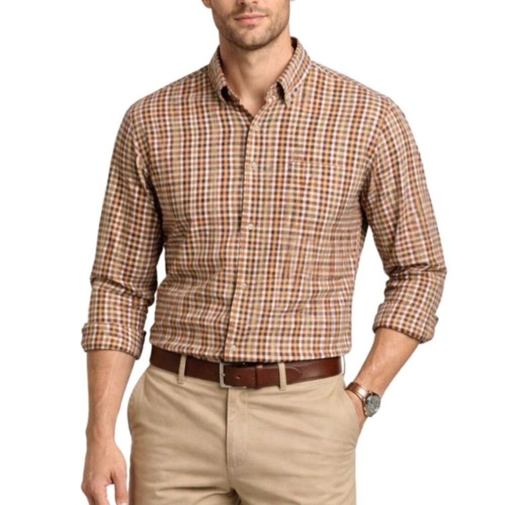 Scott Barber Men's Orange Navy Check Brushed Twill LS Button-Down Shirt Size XL